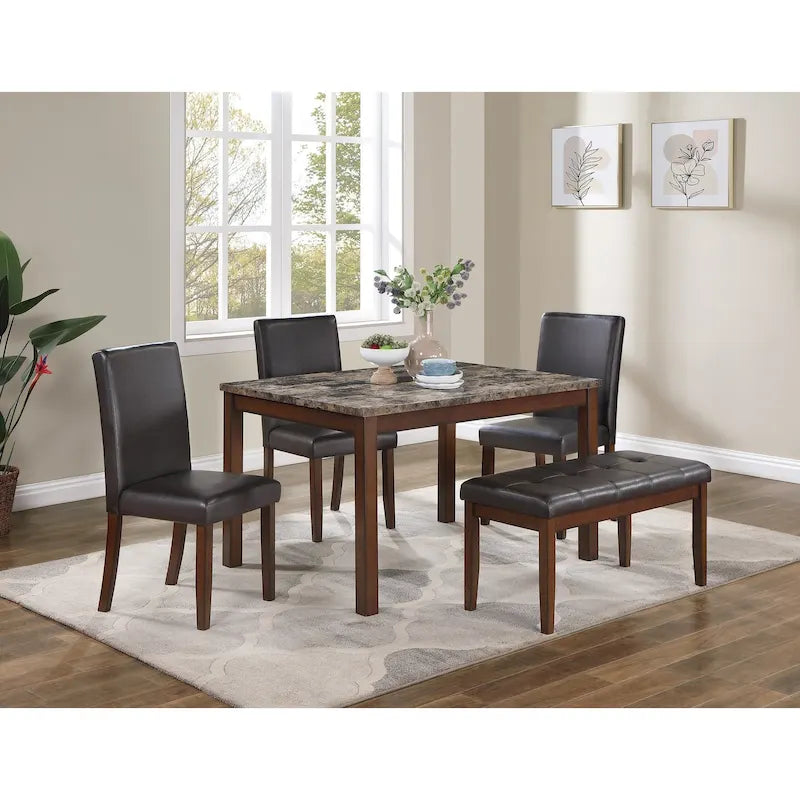 Ensemble de salle à manger 5 pièces, ensemble de dînette de cuisine avec table en faux marbre, banc et 3 chaises rembourrées en similicuir