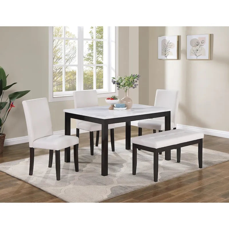 Ensemble de salle à manger 5 pièces, ensemble de dînette de cuisine avec table en faux marbre, banc et 3 chaises rembourrées en similicuir