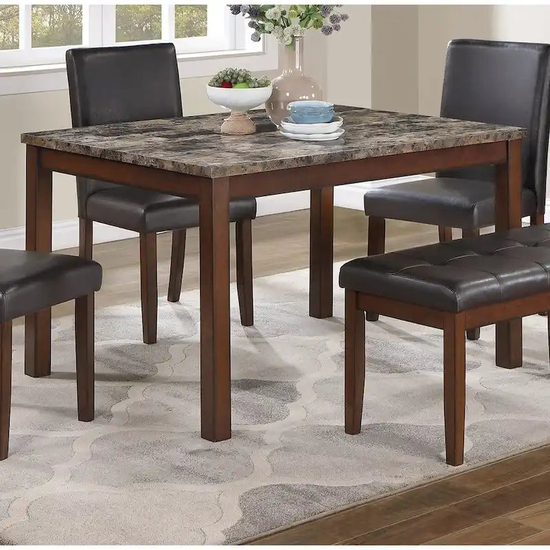 Ensemble de salle à manger 5 pièces, ensemble de dînette de cuisine avec table en faux marbre, banc et 3 chaises rembourrées en similicuir
