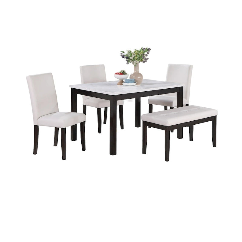 Ensemble de salle à manger 5 pièces, ensemble de dînette de cuisine avec table en faux marbre, banc et 3 chaises rembourrées en similicuir