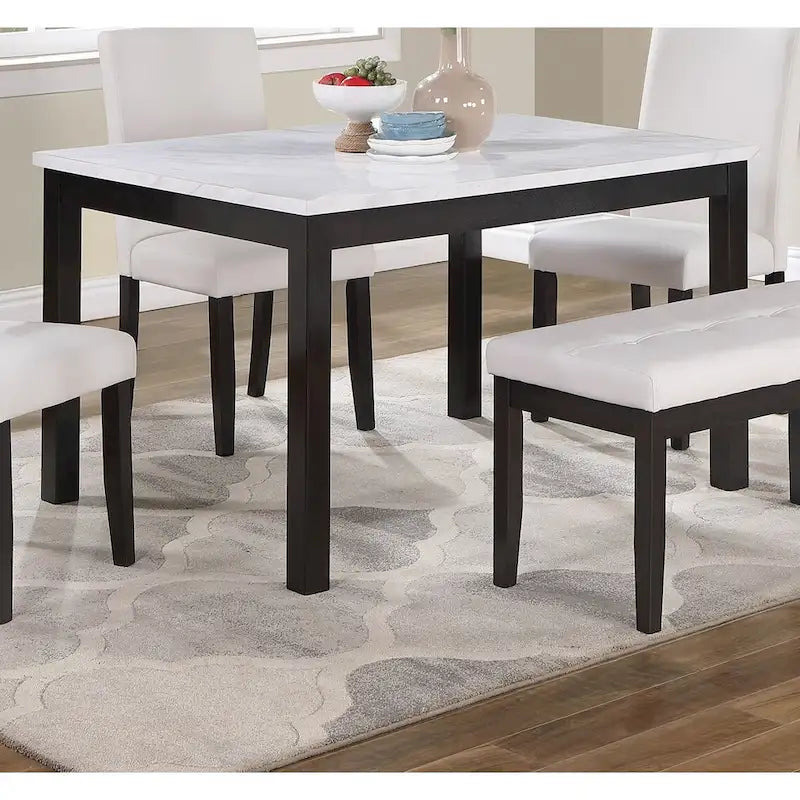 Ensemble de salle à manger 5 pièces, ensemble de dînette de cuisine avec table en faux marbre, banc et 3 chaises rembourrées en similicuir