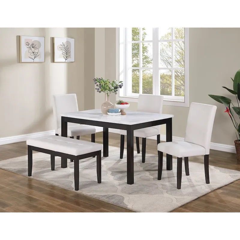 Ensemble de salle à manger 5 pièces, ensemble de dînette de cuisine avec table en faux marbre, banc et 3 chaises rembourrées en similicuir