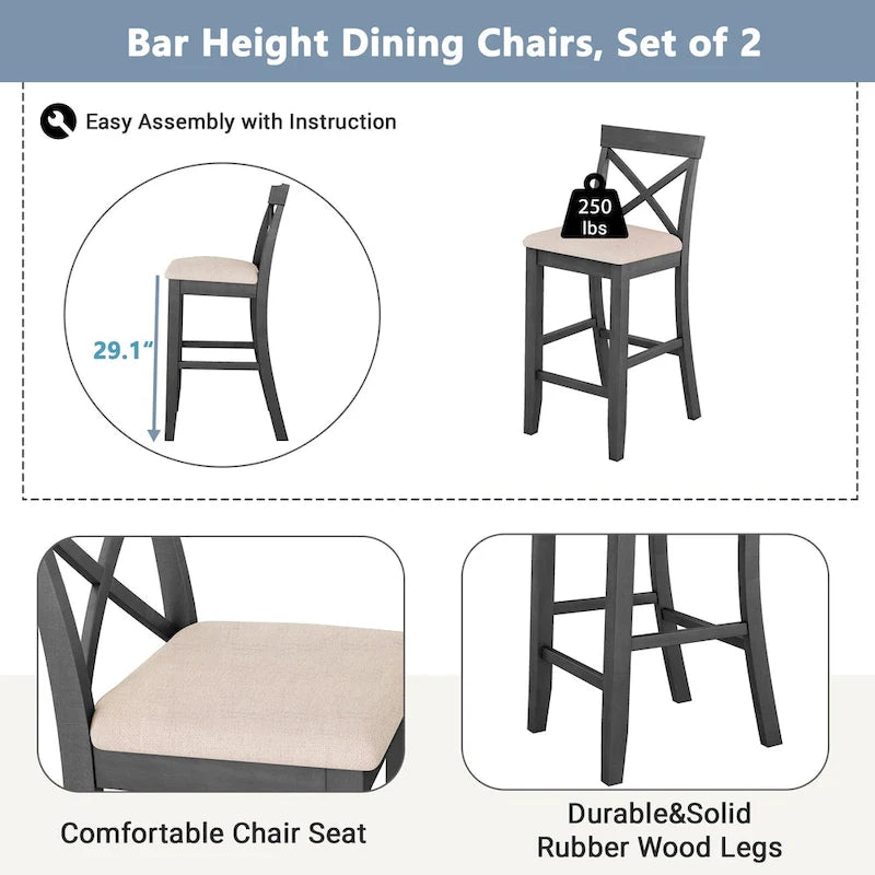 Ensemble table et chaises de salle à manger 3 pièces, petite table et chaises de hauteur comptoir avec coin petit-déjeuner de cuisine et 2 chaises