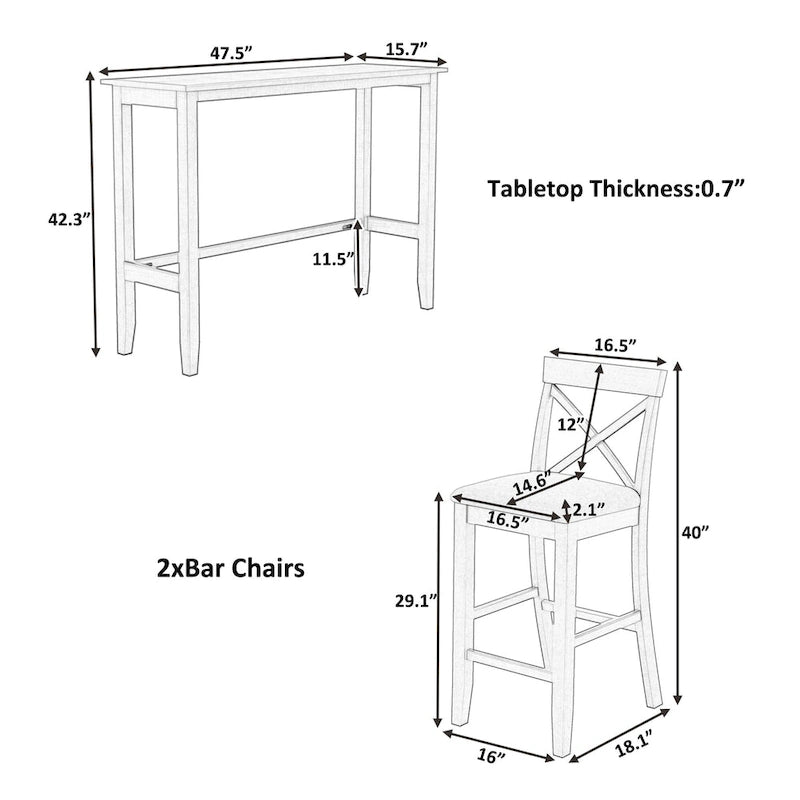 Ensemble table et chaises de salle à manger 3 pièces, petite table et chaises de hauteur comptoir avec coin petit-déjeuner de cuisine et 2 chaises