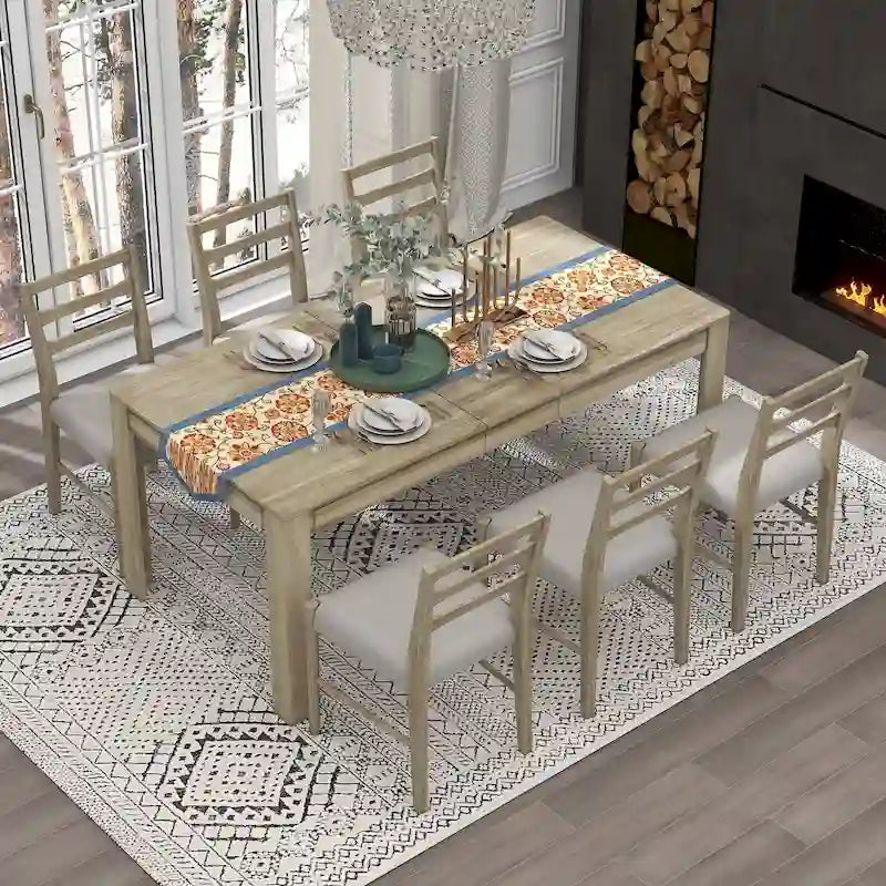 Ensemble de meubles en bois 7 pièces, ensemble de table de cuisine extensible avec rallonge et 2 tiroirs, 6 chaises de salle à manger rembourrées