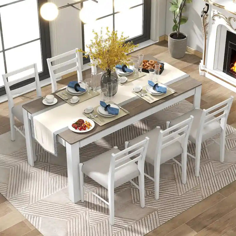 Ensemble de meubles en bois 7 pièces, ensemble de table de cuisine extensible avec rallonge et 2 tiroirs, 6 chaises de salle à manger rembourrées