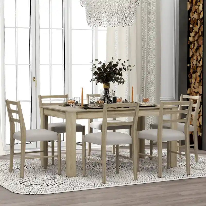 Ensemble de meubles en bois 7 pièces, ensemble de table de cuisine extensible avec rallonge et 2 tiroirs, 6 chaises de salle à manger rembourrées