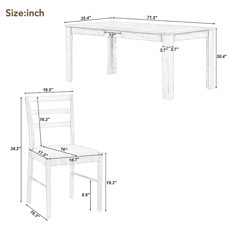 Ensemble de meubles en bois 7 pièces, ensemble de table de cuisine extensible avec rallonge et 2 tiroirs, 6 chaises de salle à manger rembourrées