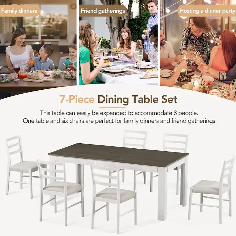 Ensemble de meubles en bois 7 pièces, ensemble de table de cuisine extensible avec rallonge et 2 tiroirs, 6 chaises de salle à manger rembourrées
