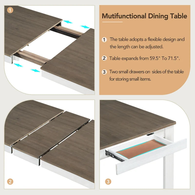 Ensemble de meubles en bois 7 pièces, ensemble de table de cuisine extensible avec rallonge et 2 tiroirs, 6 chaises de salle à manger rembourrées