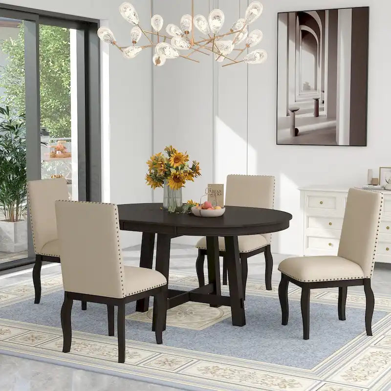 Ensemble de salle à manger 5 pièces, ensemble de table à manger ronde en bois avec table à manger extensible et 4 chaises de salle à manger rembourrées