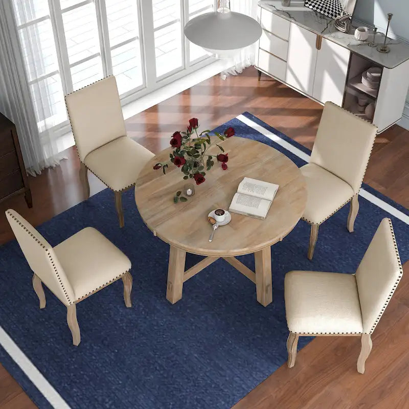 Ensemble de salle à manger 5 pièces, ensemble de table à manger ronde en bois avec table à manger extensible et 4 chaises de salle à manger rembourrées