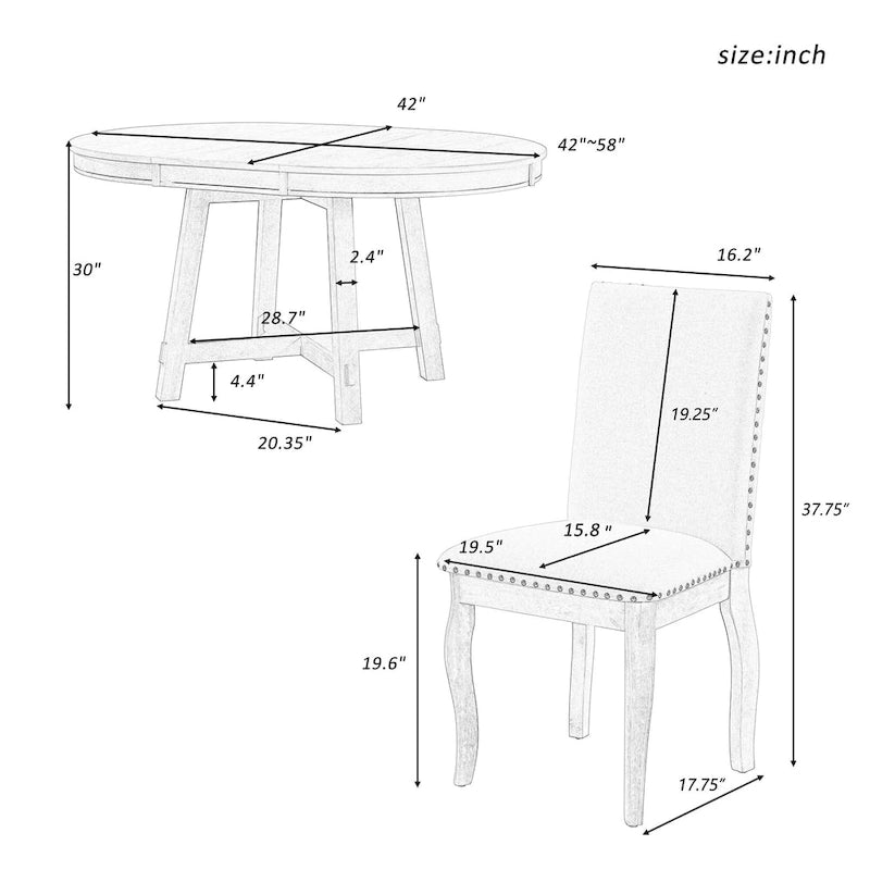 Ensemble de salle à manger 5 pièces, ensemble de table à manger ronde en bois avec table à manger extensible et 4 chaises de salle à manger rembourrées