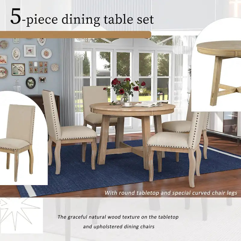 Ensemble de salle à manger 5 pièces, ensemble de table à manger ronde en bois avec table à manger extensible et 4 chaises de salle à manger rembourrées