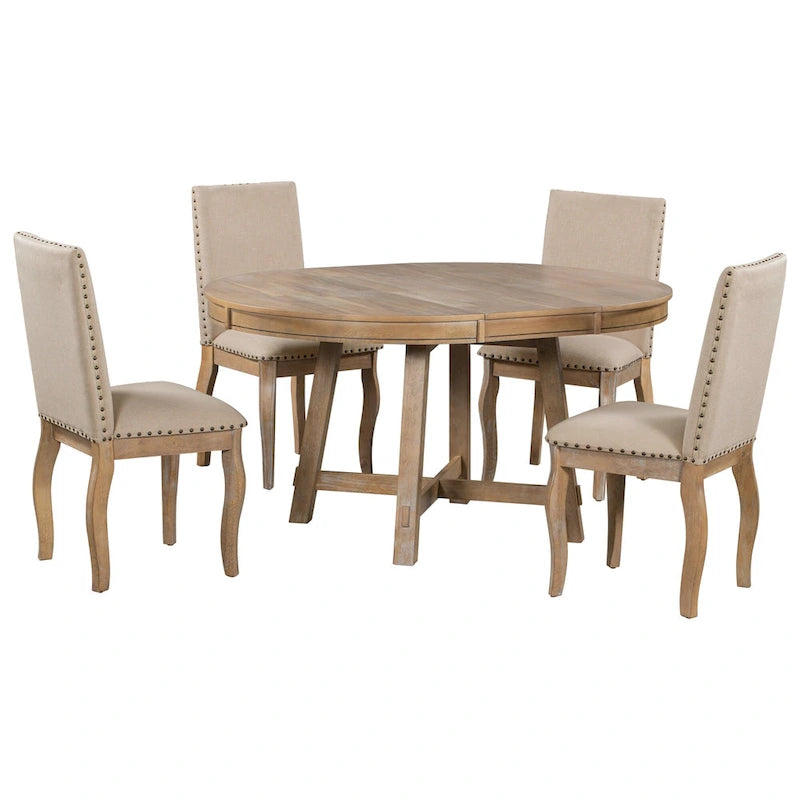 Ensemble de salle à manger 5 pièces, ensemble de table à manger ronde en bois avec table à manger extensible et 4 chaises de salle à manger rembourrées