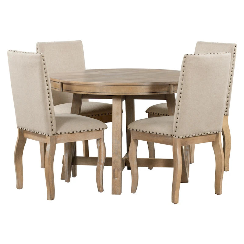 Ensemble de salle à manger 5 pièces, ensemble de table à manger ronde en bois avec table à manger extensible et 4 chaises de salle à manger rembourrées