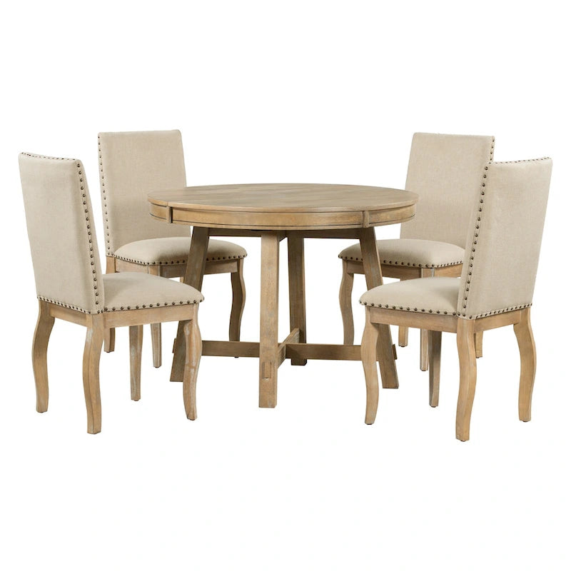 Ensemble de salle à manger 5 pièces, ensemble de table à manger ronde en bois avec table à manger extensible et 4 chaises de salle à manger rembourrées
