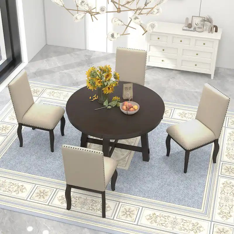 Ensemble de salle à manger 5 pièces, ensemble de table à manger ronde en bois avec table à manger extensible et 4 chaises de salle à manger rembourrées