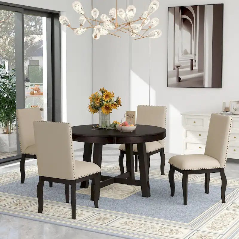 Ensemble de salle à manger 5 pièces, ensemble de table à manger ronde en bois avec table à manger extensible et 4 chaises de salle à manger rembourrées