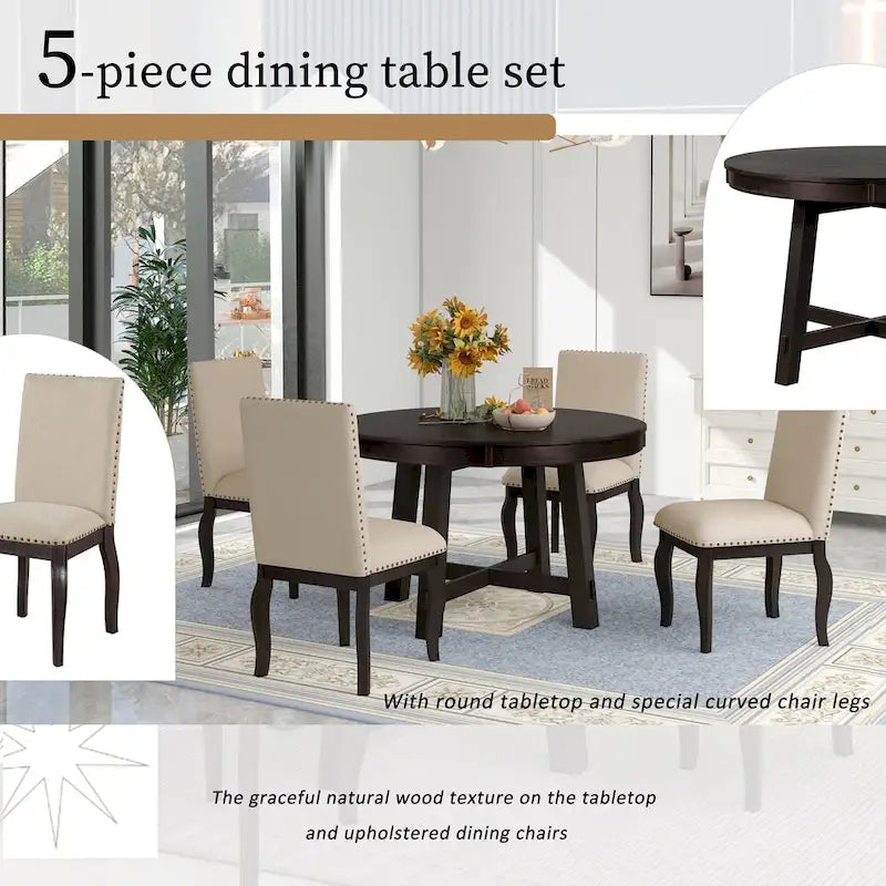 Ensemble de salle à manger 5 pièces, ensemble de table à manger ronde en bois avec table à manger extensible et 4 chaises de salle à manger rembourrées