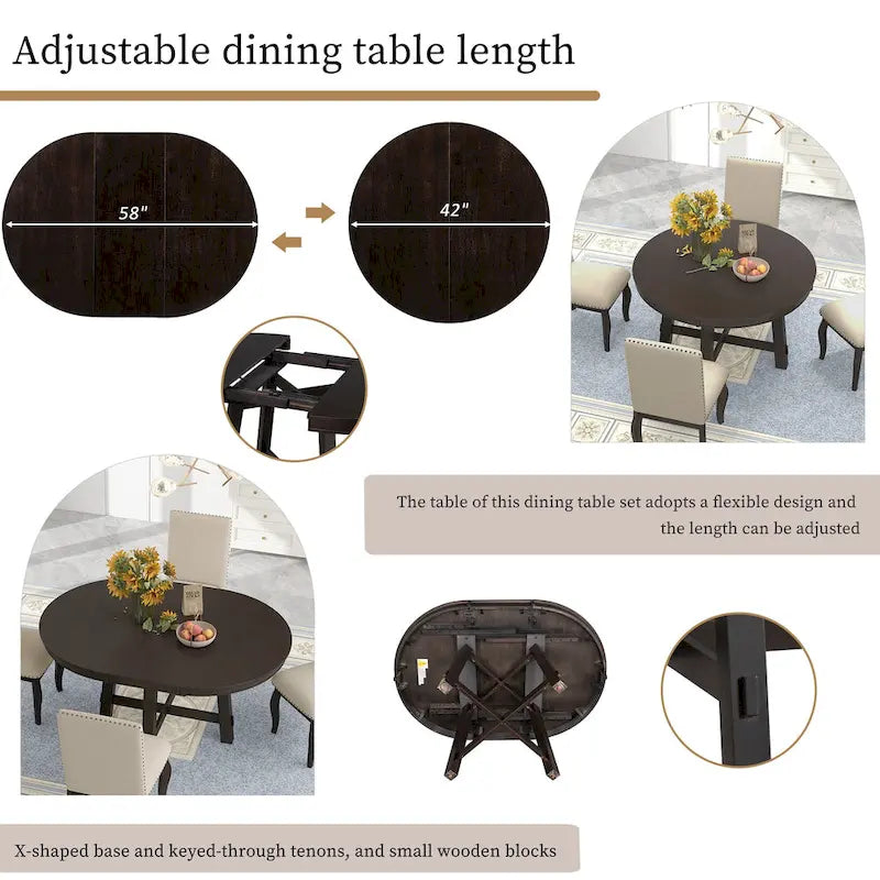 Ensemble de salle à manger 5 pièces, ensemble de table à manger ronde en bois avec table à manger extensible et 4 chaises de salle à manger rembourrées