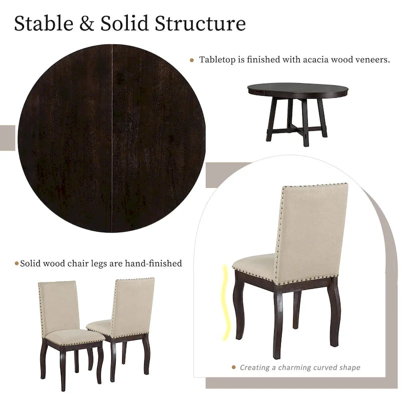 Ensemble de salle à manger 5 pièces, ensemble de table à manger ronde en bois avec table à manger extensible et 4 chaises de salle à manger rembourrées