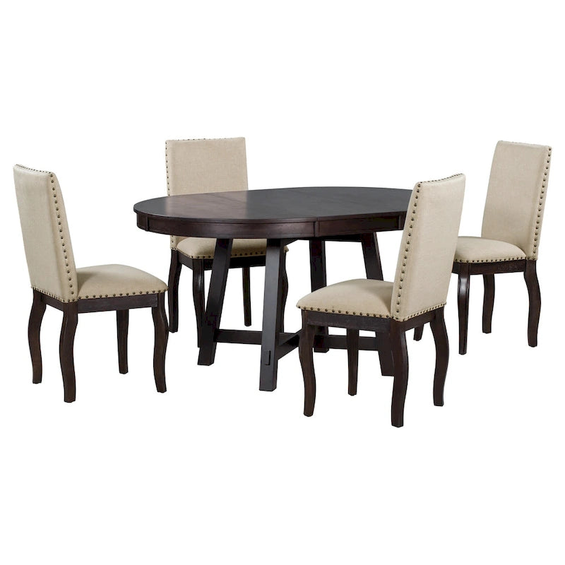 Ensemble de salle à manger 5 pièces, ensemble de table à manger ronde en bois avec table à manger extensible et 4 chaises de salle à manger rembourrées