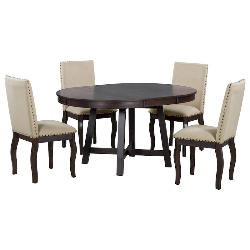 Ensemble de salle à manger 5 pièces, ensemble de table à manger ronde en bois avec table à manger extensible et 4 chaises de salle à manger rembourrées