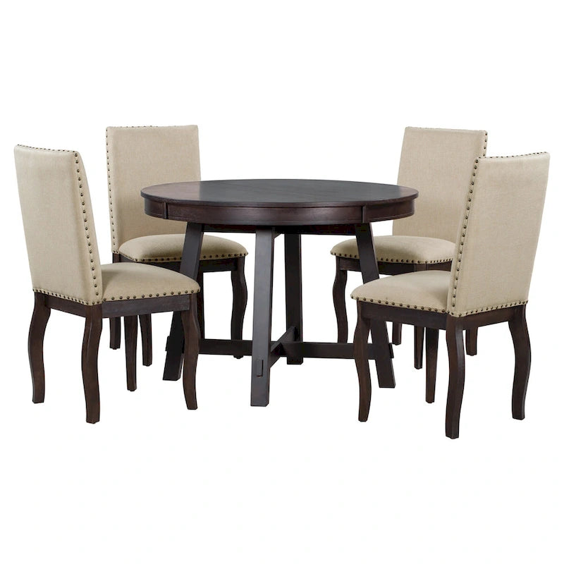 Ensemble de salle à manger 5 pièces, ensemble de table à manger ronde en bois avec table à manger extensible et 4 chaises de salle à manger rembourrées