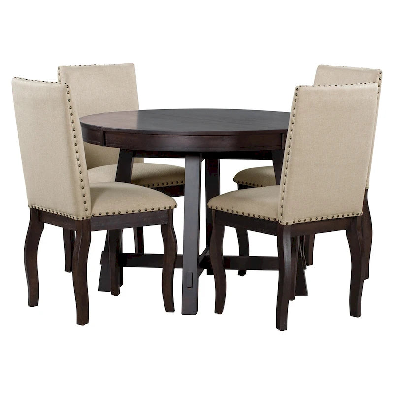 Ensemble de salle à manger 5 pièces, ensemble de table à manger ronde en bois avec table à manger extensible et 4 chaises de salle à manger rembourrées