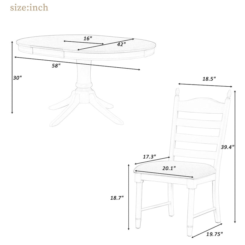 Ensemble de table à manger ronde 5 pièces, ensemble de table et chaises de cuisine en bois massif avec table extensible et 4 chaises rembourrées