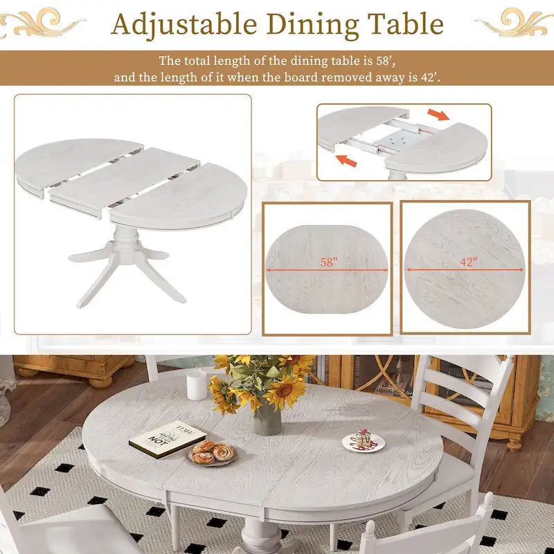 Ensemble de table à manger ronde 5 pièces, ensemble de table et chaises de cuisine en bois massif avec table extensible et 4 chaises rembourrées