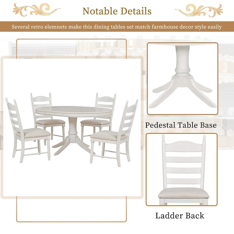 Ensemble de table à manger ronde 5 pièces, ensemble de table et chaises de cuisine en bois massif avec table extensible et 4 chaises rembourrées