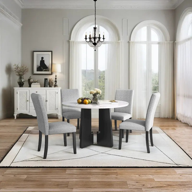 Ensemble table et 4 chaises de cuisine, ensemble table à manger ronde 4 personnes, 4 chaises rembourrées avec pieds en bois d'hévéa