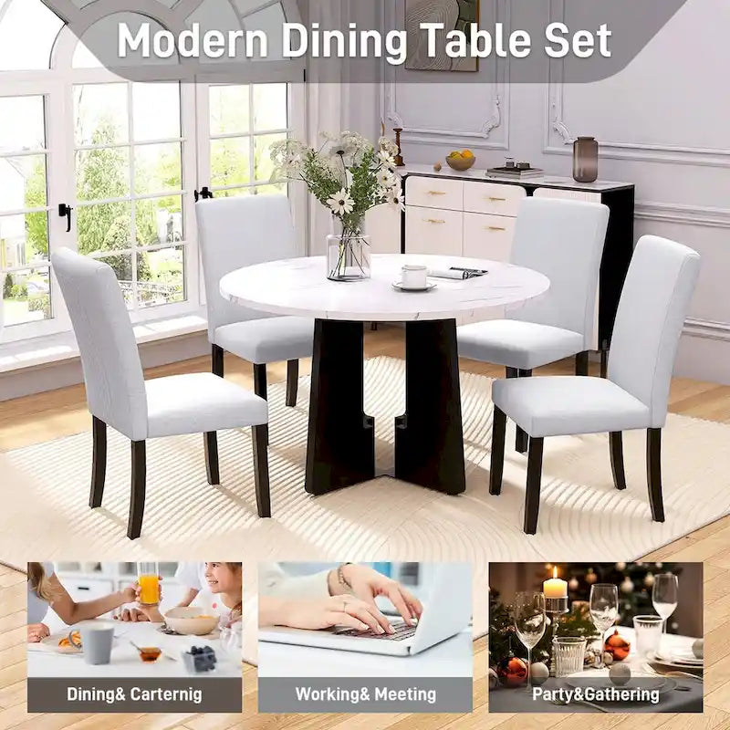 Ensemble table et 4 chaises de cuisine, ensemble table à manger ronde 4 personnes, 4 chaises rembourrées avec pieds en bois d'hévéa