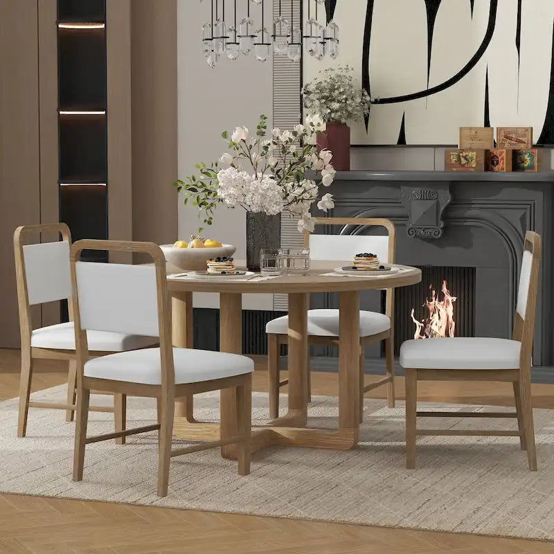 Ensemble table et 4 chaises de salle à manger 5 pièces, ensemble de salle à manger de cuisine en bois avec table à manger ronde et 4 chaises rembourrées