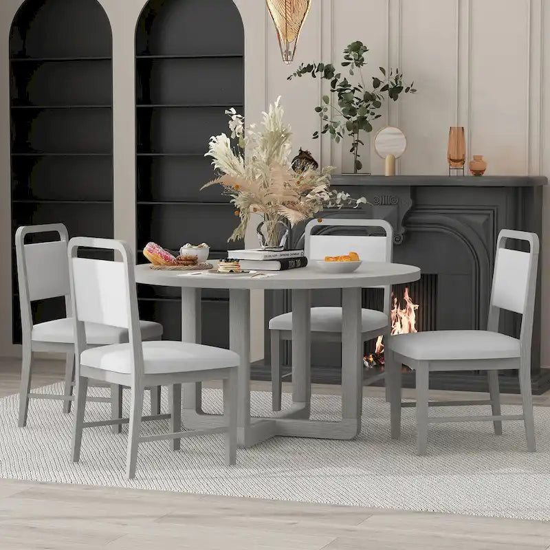 5 Piece Dining Table and Chair Set, Wooden Kitchen Dining Table Set with Round Dining Table and 4 Upholstered Chairs