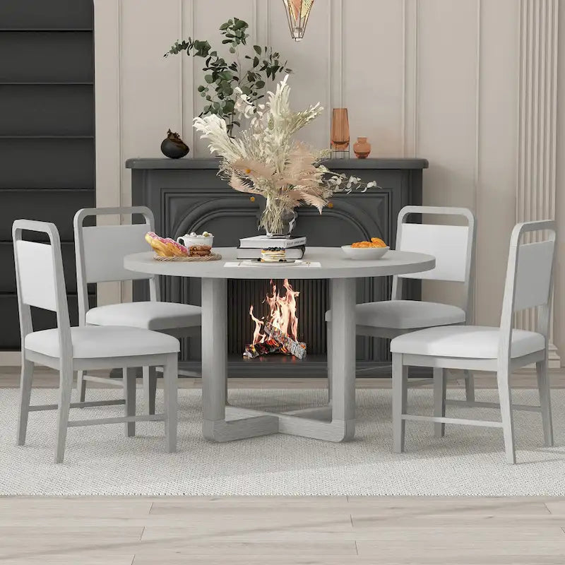 Ensemble table et 4 chaises de salle à manger 5 pièces, ensemble de salle à manger de cuisine en bois avec table à manger ronde et 4 chaises rembourrées