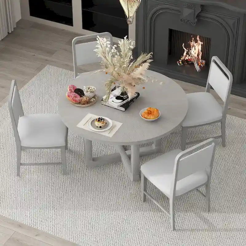 Ensemble table et 4 chaises de salle à manger 5 pièces, ensemble de salle à manger de cuisine en bois avec table à manger ronde et 4 chaises rembourrées