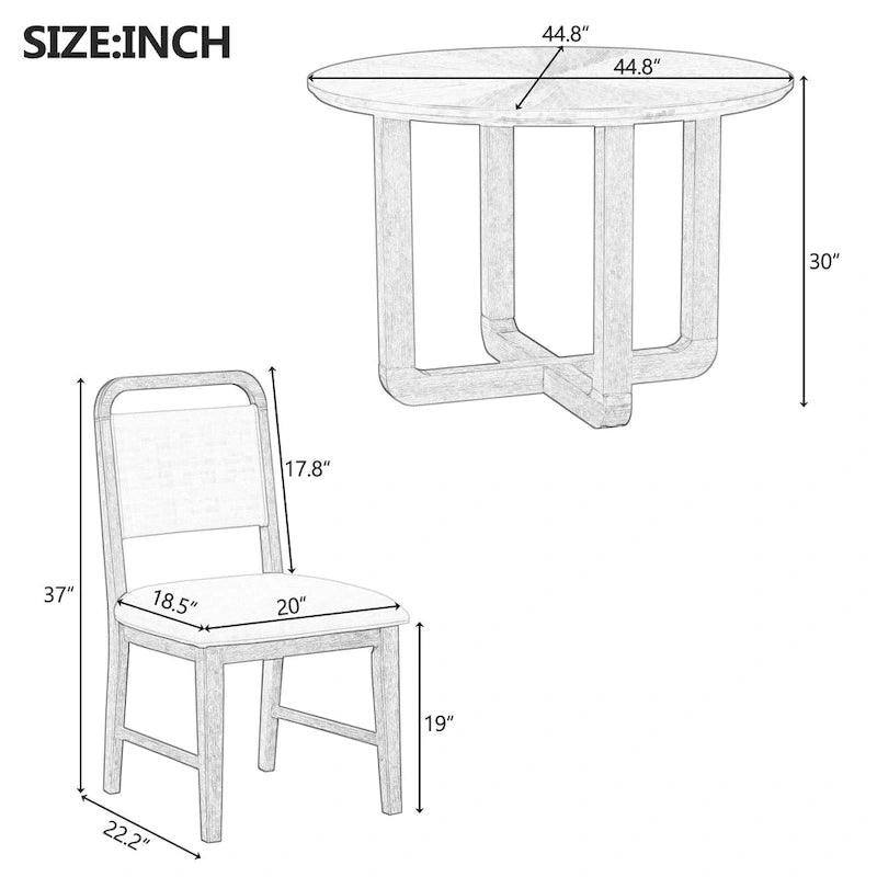 Ensemble table et 4 chaises de salle à manger 5 pièces, ensemble de salle à manger de cuisine en bois avec table à manger ronde et 4 chaises rembourrées