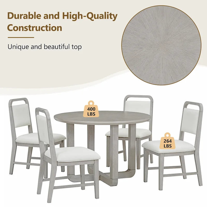 Ensemble table et 4 chaises de salle à manger 5 pièces, ensemble de salle à manger de cuisine en bois avec table à manger ronde et 4 chaises rembourrées