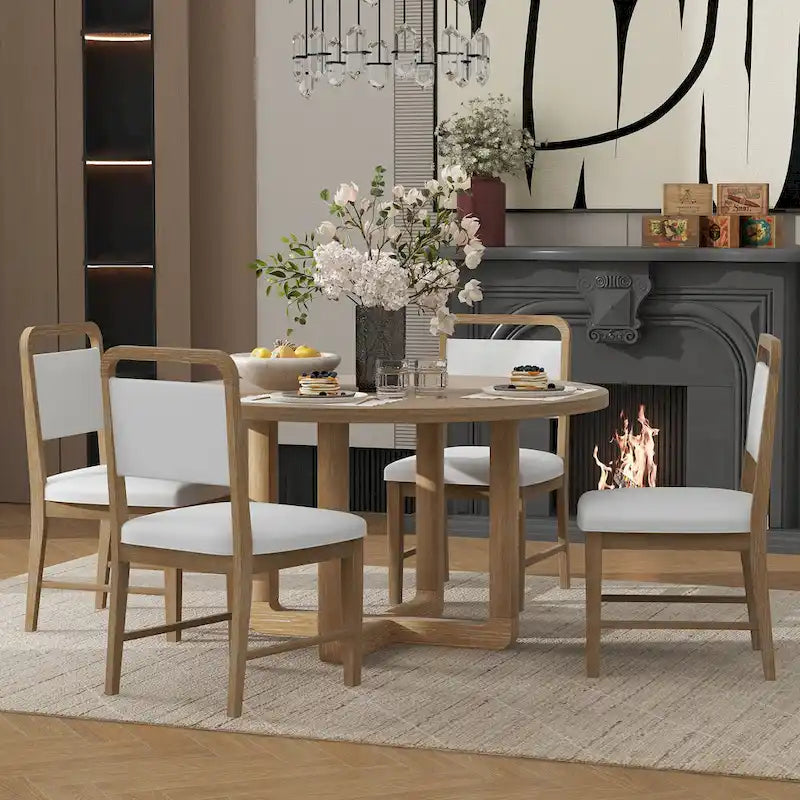Ensemble table et 4 chaises de salle à manger 5 pièces, ensemble de salle à manger de cuisine en bois avec table à manger ronde et 4 chaises rembourrées