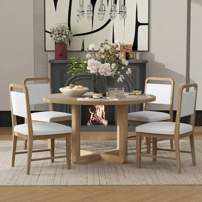 Ensemble table et 4 chaises de salle à manger 5 pièces, ensemble de salle à manger de cuisine en bois avec table à manger ronde et 4 chaises rembourrées