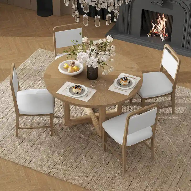 Ensemble table et 4 chaises de salle à manger 5 pièces, ensemble de salle à manger de cuisine en bois avec table à manger ronde et 4 chaises rembourrées