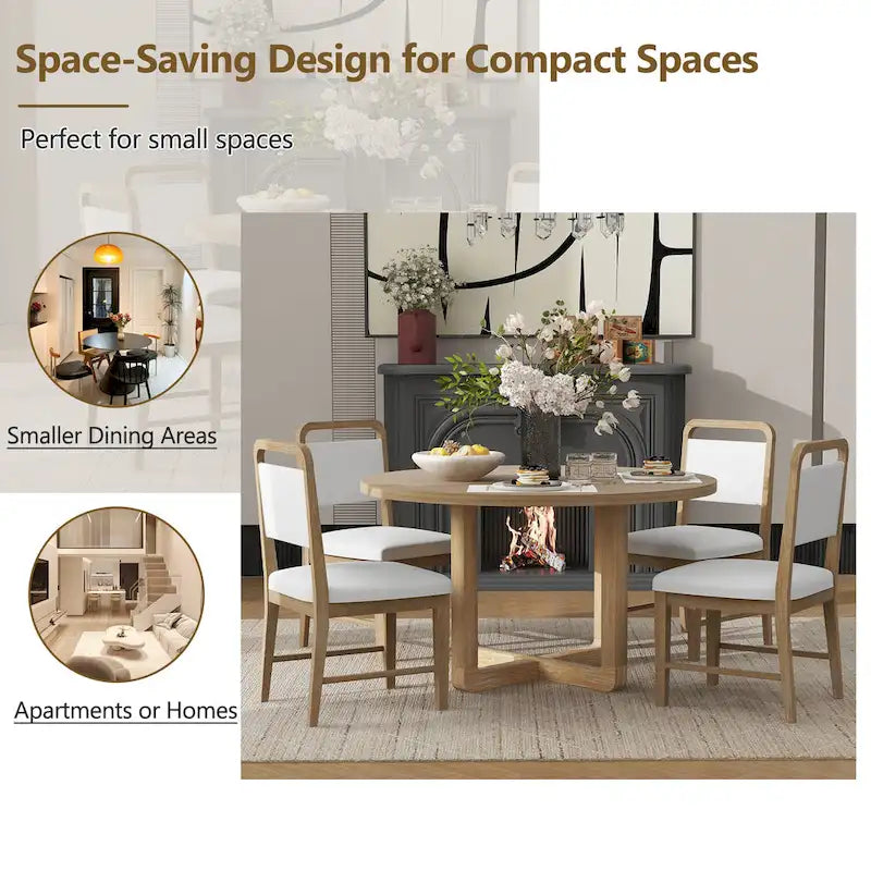 Ensemble table et 4 chaises de salle à manger 5 pièces, ensemble de salle à manger de cuisine en bois avec table à manger ronde et 4 chaises rembourrées