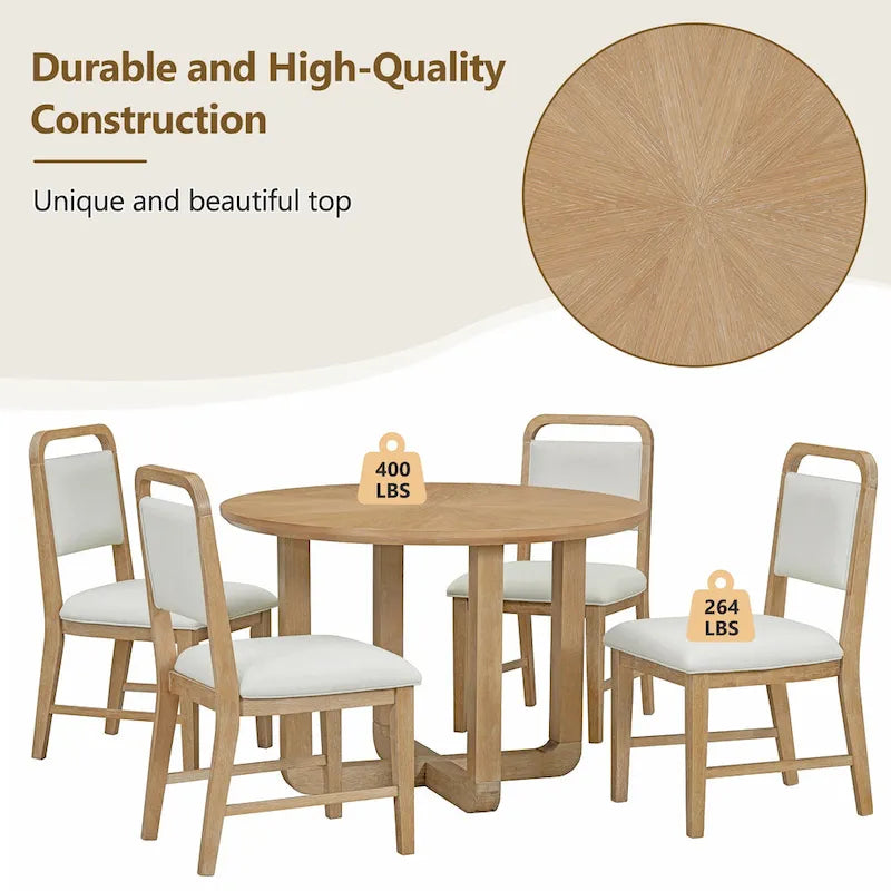 Ensemble table et 4 chaises de salle à manger 5 pièces, ensemble de salle à manger de cuisine en bois avec table à manger ronde et 4 chaises rembourrées