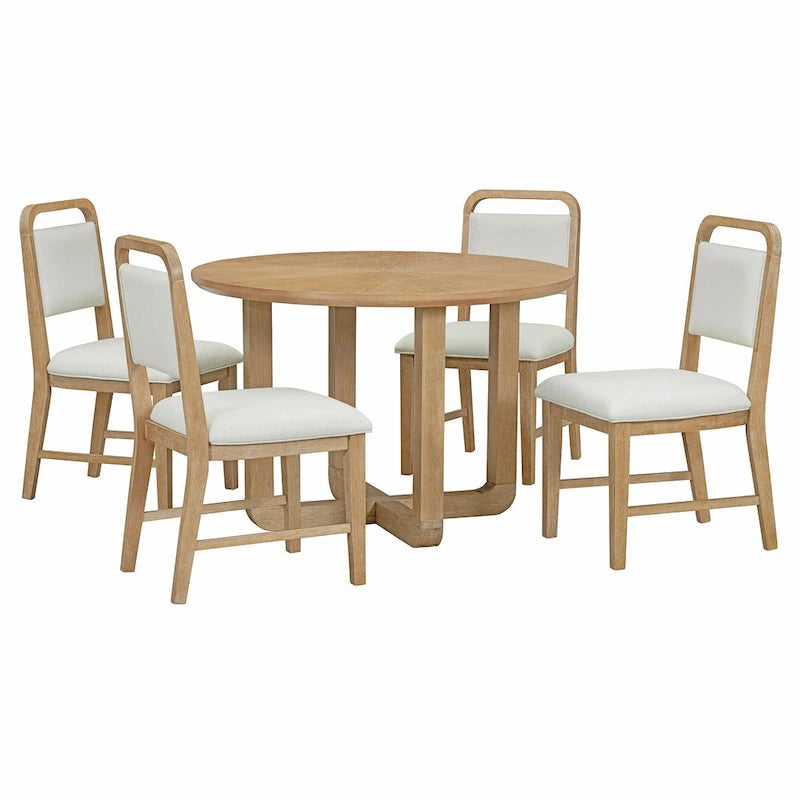 Ensemble table et 4 chaises de salle à manger 5 pièces, ensemble de salle à manger de cuisine en bois avec table à manger ronde et 4 chaises rembourrées