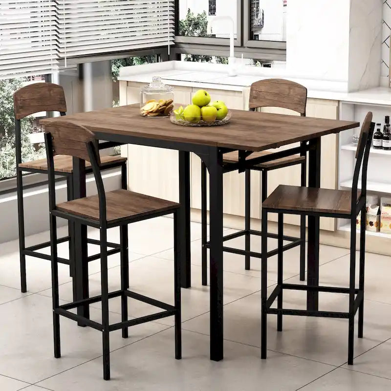 Ensemble de salle à manger hauteur comptoir, table de salle à manger 5 pièces à rabats avec table à rabats et 4 chaises de salle à manger hautes