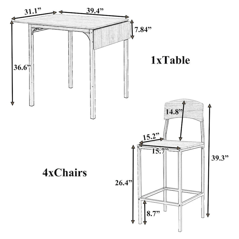 Ensemble de salle à manger hauteur comptoir, table de salle à manger 5 pièces à rabats avec table à rabats et 4 chaises de salle à manger hautes
