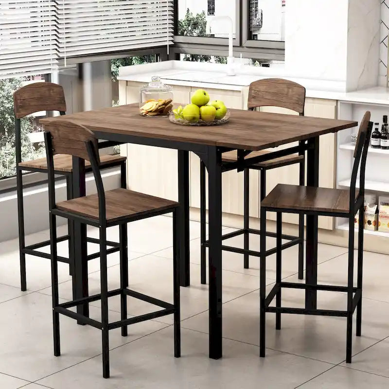 Ensemble de salle à manger hauteur comptoir, table de salle à manger 5 pièces à rabats avec table à rabats et 4 chaises de salle à manger hautes